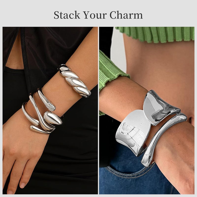 PEALICIOUS 2Pcs Chunky Bracelet for Women, Girls Gold Bangle Bracelet 7in Minimalist Silver Chunky Bangles Valentines Gifts, Trendy Gold Arm Cuff Upper Arm Band, Stack Bead Pearl Gift Summer Jewelry - Image 5